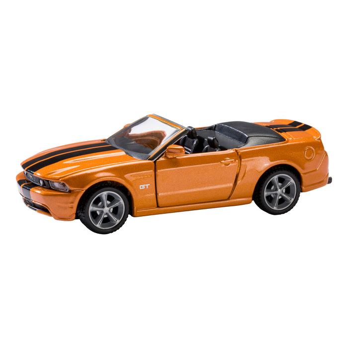 The Rollin’ Ford Mustang Assortment features a small orange convertible toy car with black stripes, grey wheels, black interior, and pull-back action by Rollin’, shown on a white background.