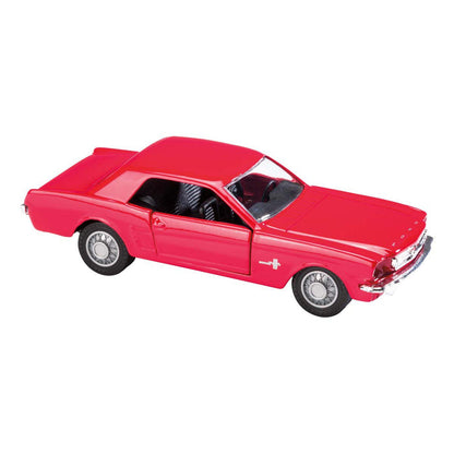 The Rollin' Ford Mustang Assortment by Rollin' is shown on a white background, featuring a red die-cast classic Mustang with black seats, silver hubcaps, and detailed body and grille.