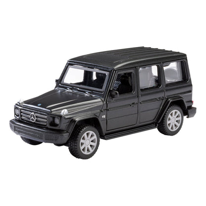 A Rollin' 2018 Mercedes-Benz G-Class die-cast toy in black with white wheels, shown from the front left and isolated on a white background.