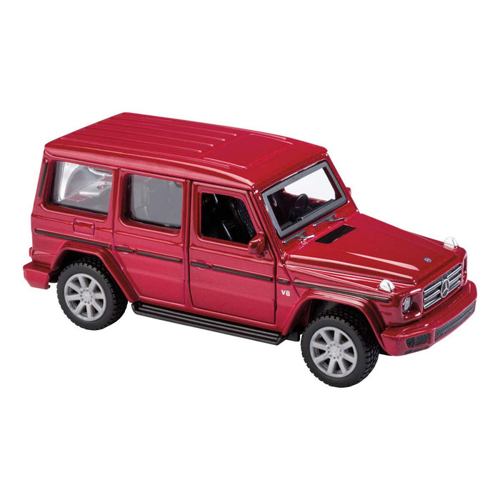 The Rollin' 2018 Mercedes-Benz G-Class is a red die-cast model SUV with detailed silver wheels, black tires, and realistic windows, shown from a front side angle.