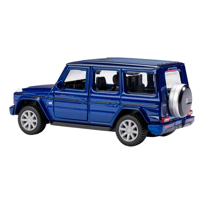 The Rollin' 2018 Mercedes-Benz G-Class is a blue die-cast SUV with four doors, silver wheels, and a spare tire on the back, shown from the rear left.