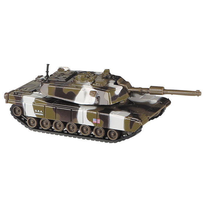 The Rollin' Pull Back Army Tank by Rollin' features a camouflage pattern in brown, green, black, and white, a long barrel, U.S. flag and ID markings—perfect for military toy collections or fans of pull-back tanks.