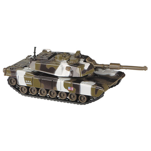 The Rollin' Pull Back Army Tank by Rollin' features a camouflage pattern in brown, green, black, and white, a long barrel, U.S. flag and ID markings—perfect for military toy collections or fans of pull-back tanks.