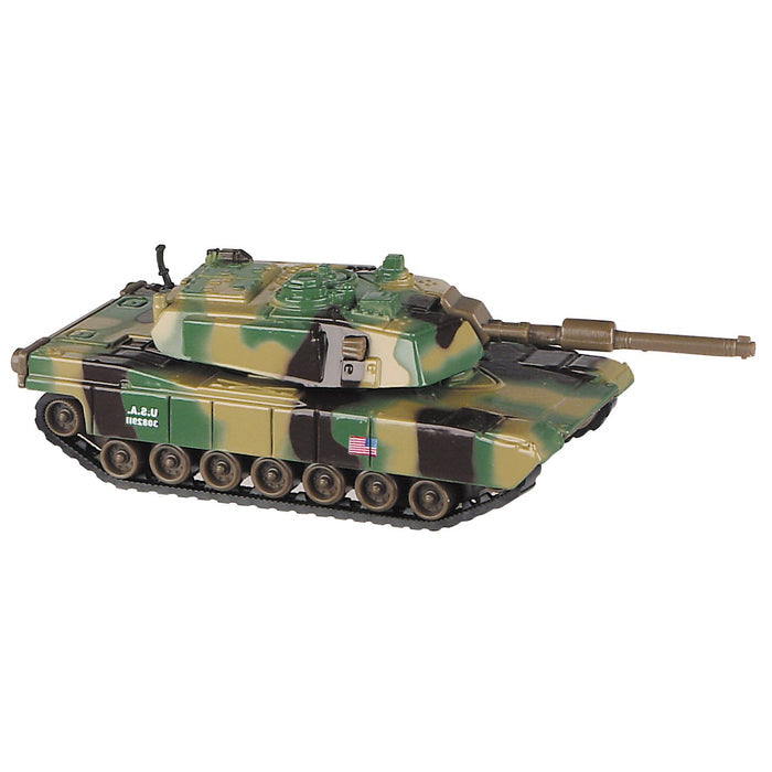 The Rollin' Pull Back Army Tanks by Rollin' features a green and brown camouflage design, long barrel, detailed tracks, and a small American flag decal—perfect for military toy fans. Displayed on a white background.