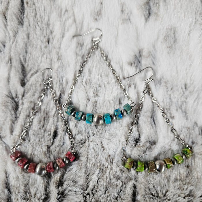 Rondelle Gemstone & Silver Pearl Bar Earrings (3 Gemstone Variants Available)