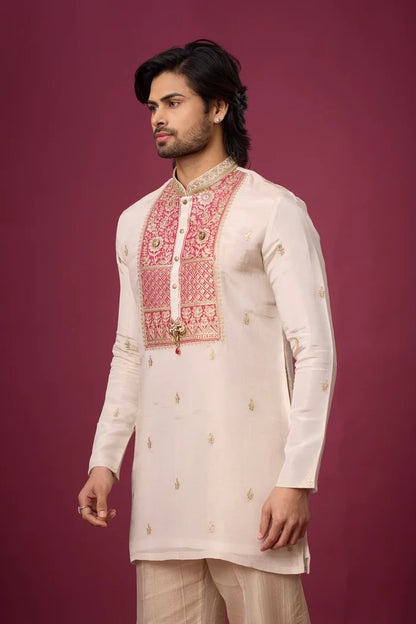 Pink Metallic Panel Off-White Kurta – Wedding Ethnic Wear | Mahavir NX