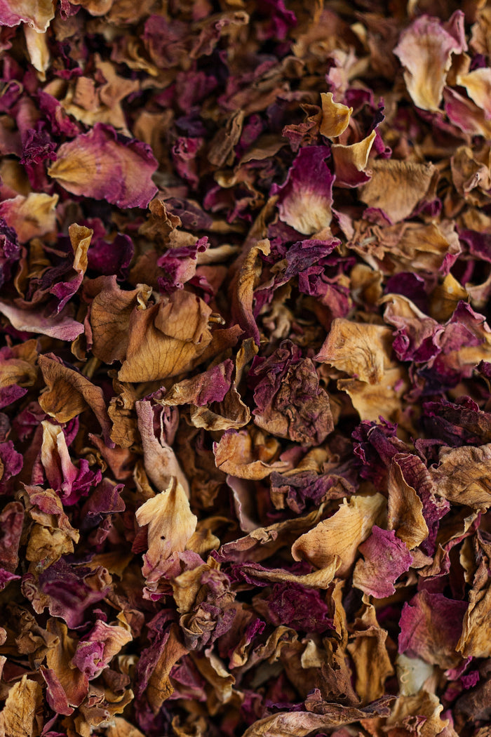 Close-up of dried rose petals in various shades of brown, purple, and pink.