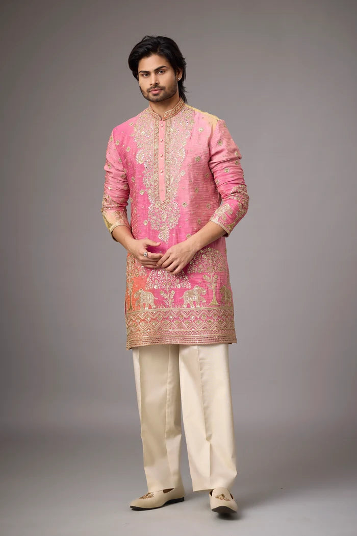 Bhai Dooj Gift Kurta for Men – Rose Pink Heritage Story Embroidery | Mahavir NX