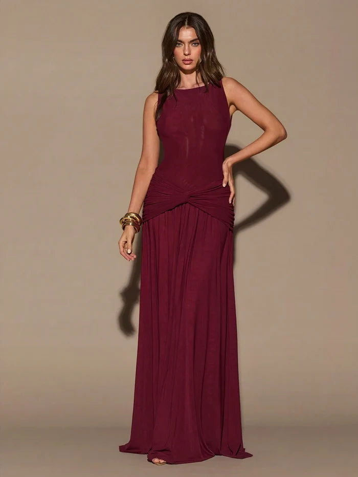 ROUND NECK SLEEVELESS TWIST WAIST MAXI DRESS