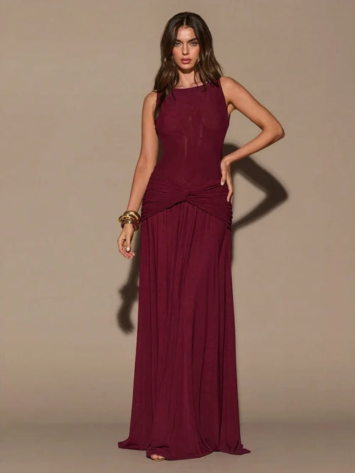 ROUND NECK SLEEVELESS TWIST WAIST MAXI DRESS