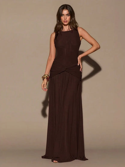 ROUND NECK SLEEVELESS TWIST WAIST MAXI DRESS