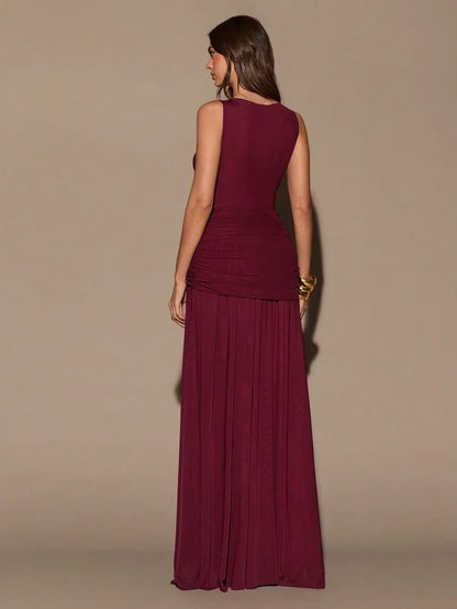 ROUND NECK SLEEVELESS TWIST WAIST MAXI DRESS