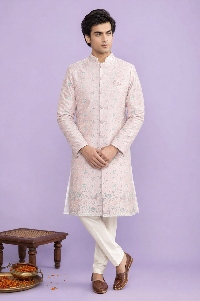 Royal Blush Floral Embroidered Indo Western for Men | Mahavir NX