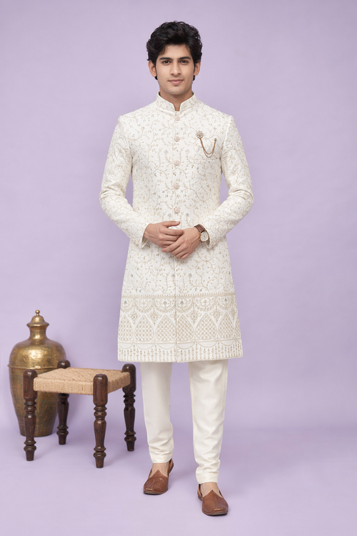 Royal Ivory Cream Embroidered Wedding Indo Western for Men | Mahavir NX