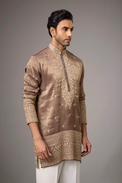 Mocha Gold Broad Hem Border Kurta Set – Wedding Ethnic Wear | Mahavir NX