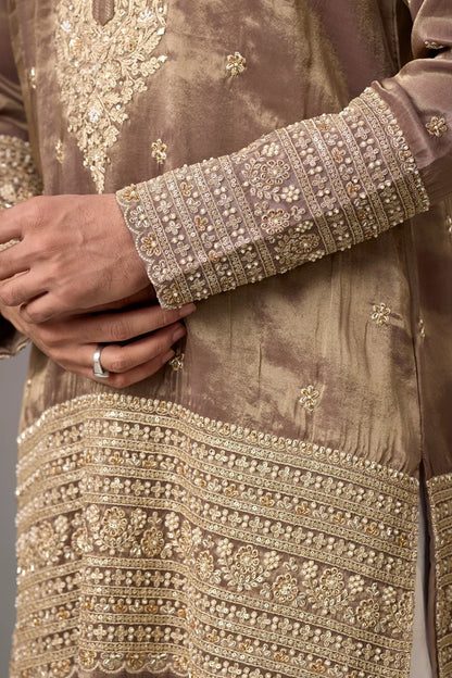 Royal Mocha Gold Embroidered Kurta Set for Men – Full Length View | Mahavir NX