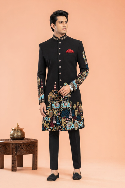 Black Elephant Motif Embroidered Indo Western – Wedding Wear | Mahavir NX