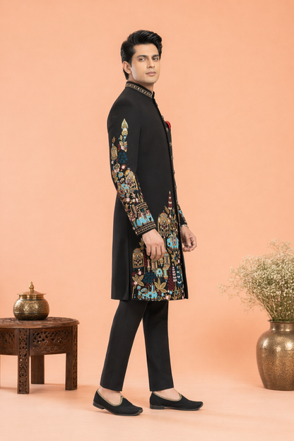 Royal Noir Elephant Embroidered Indo Western for Men | Mahavir NX