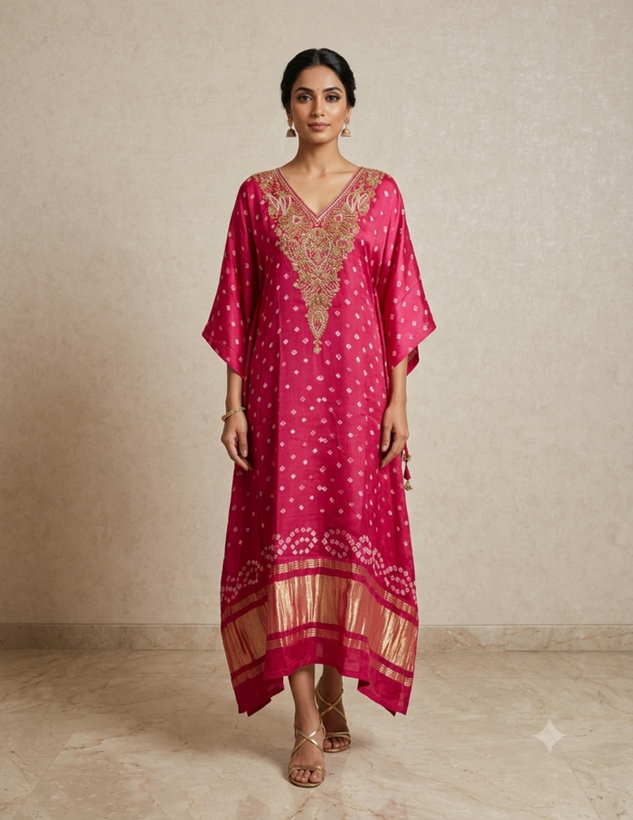 Full-length image of a woman modelling a royal pink kaftan dress with bandhani print, heavy gold zardozi embroidery around the neckline, and a broad zari hem, standing on a marble floor.