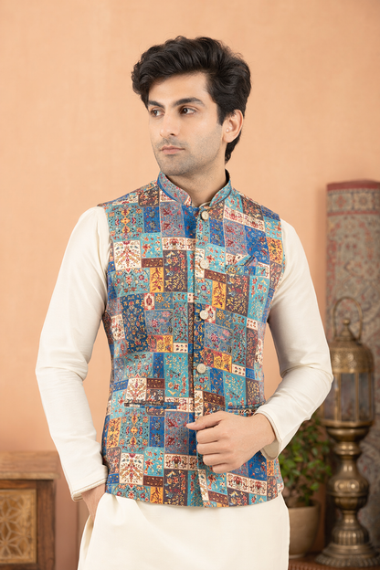 Sapphire Blue Printed Nehru Koti for Men – Wedding Wear | Mahavir NX