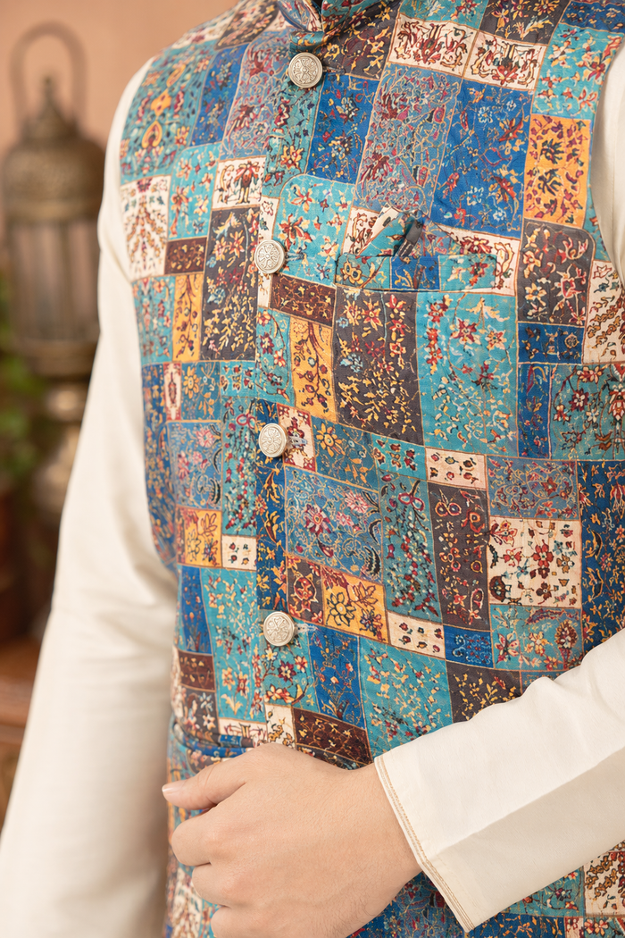 Royal Sapphire Heritage Printed Wedding Koti for Men | Mahavir NX