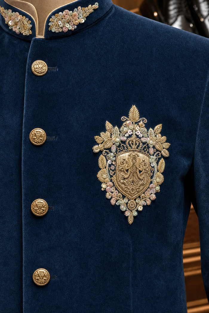 Royal Teal Blue Embroidered Jodhpuri Suit for Men | Mahavir NX
