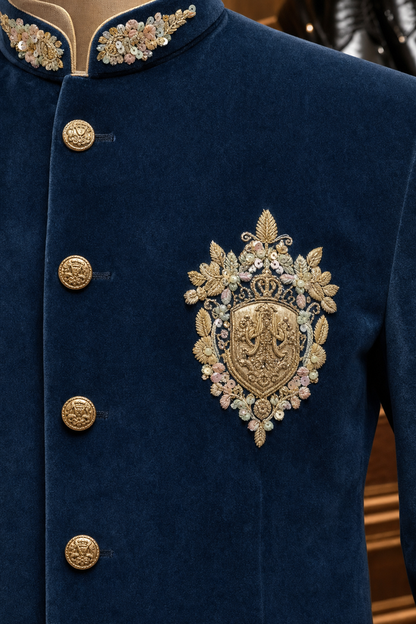 Royal Teal Blue Embroidered Jodhpuri Suit for Men | Mahavir NX