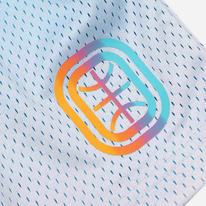 Up close view of logo on the Overtime RWE Mesh Shorts.