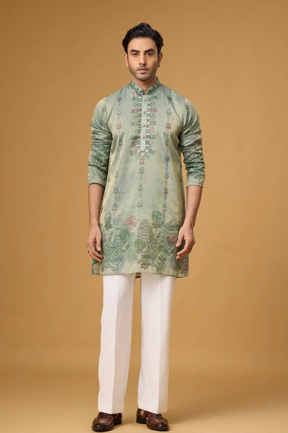 Sage Mist Botanical Embroidered Kurta Set for Men | Mahavir NX