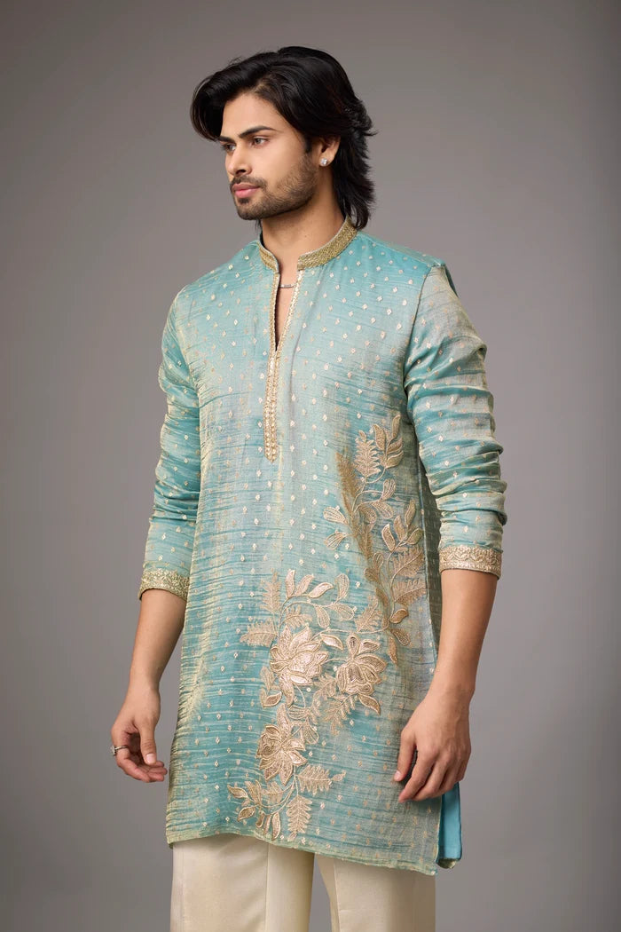 Sage Teal Dotted Floral Kurta – Wedding & Festive Ethnic Wear | Mahavir NX