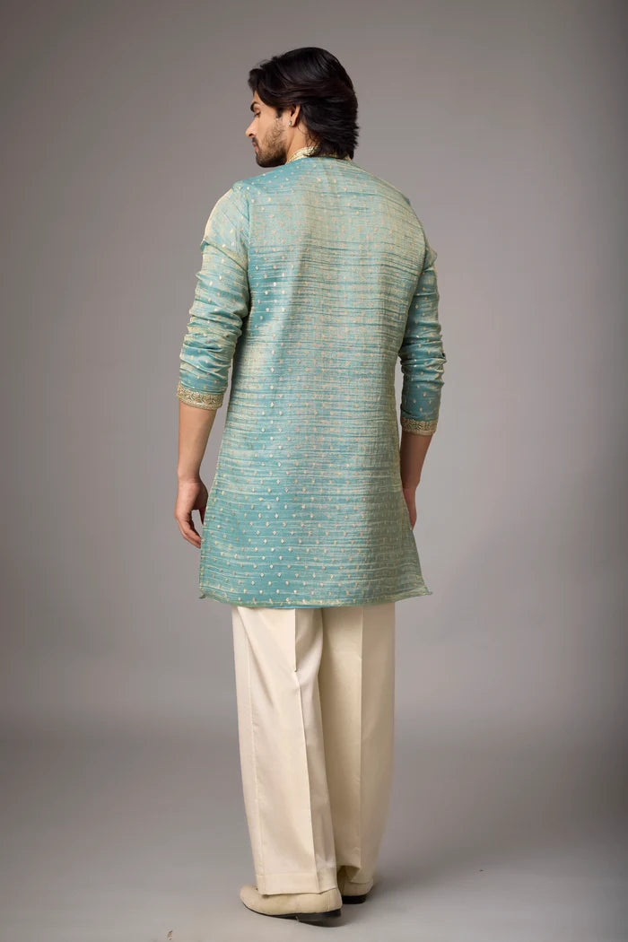 Sage Teal Floral Kurta Pajama Set – Front View | Mahavir NX