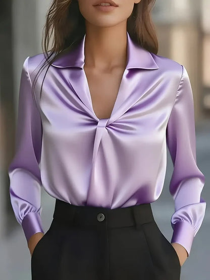 Purple Silky satin pleated V-neck blouse women FTF Market UK