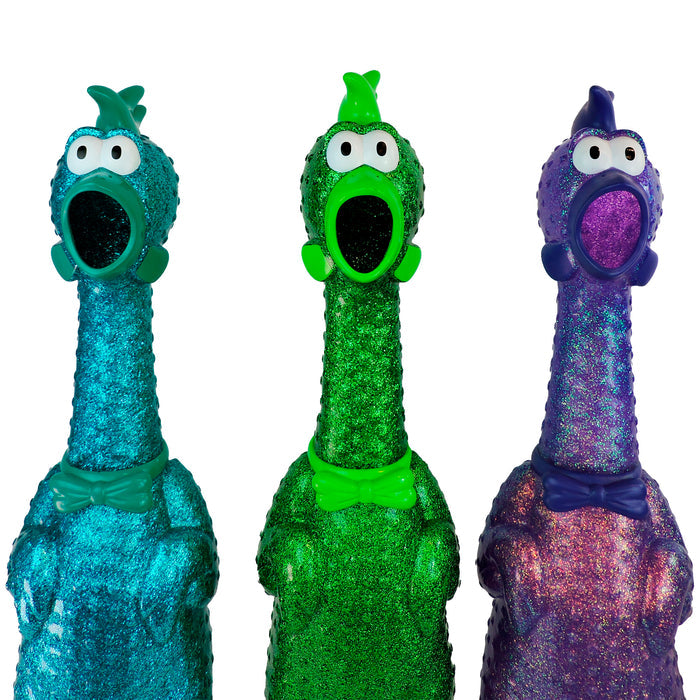 Three Say Whaaaaat?! The Ampli-Flyer rubber chicken figures in blue, green, and purple—each with open beaks and bow ties—stand side by side against a white background.