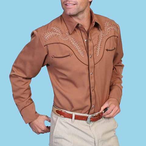 Scully Men's Embroidered Boot Stitch Western Snap Shirt in Brown