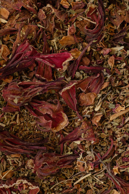 Close-up of dried herbs and flowers with a focus on texture and color.