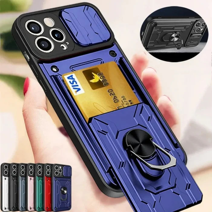 A blue phone case with a credit card holder