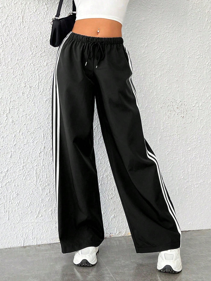 SIDE STRIPED DRAWSTRING WAIST WIDE LEG PANTS