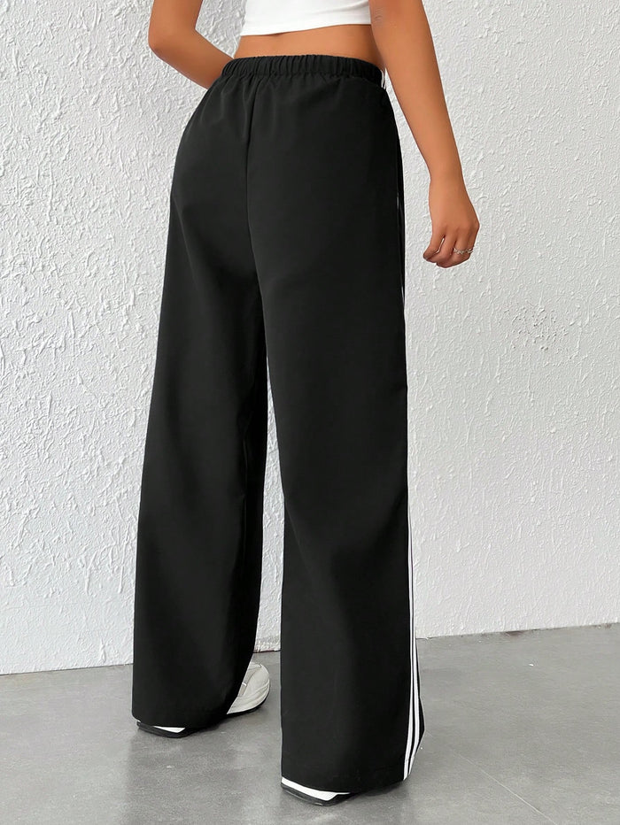 SIDE STRIPED DRAWSTRING WAIST WIDE LEG PANTS