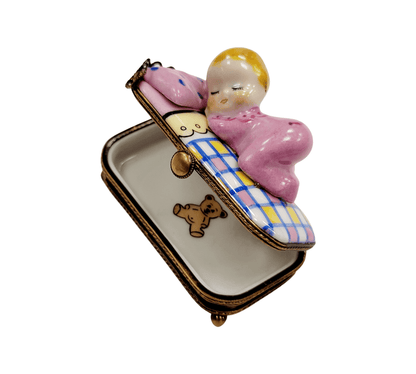 Sleeping Baby in Pink Bed Porcelain Limoges Babies Figurine French Trinket Box