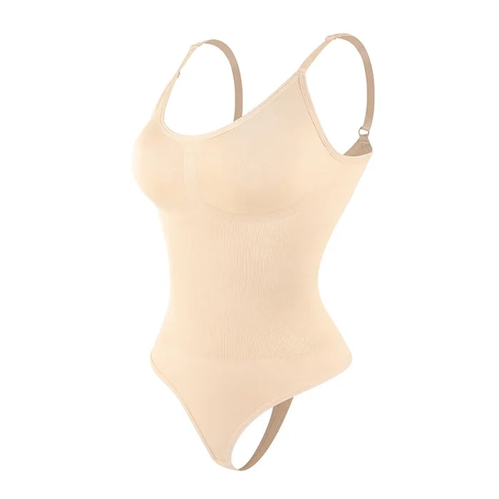 Nude seamless firm-control cupless thong smoothing shapewear bodysuit