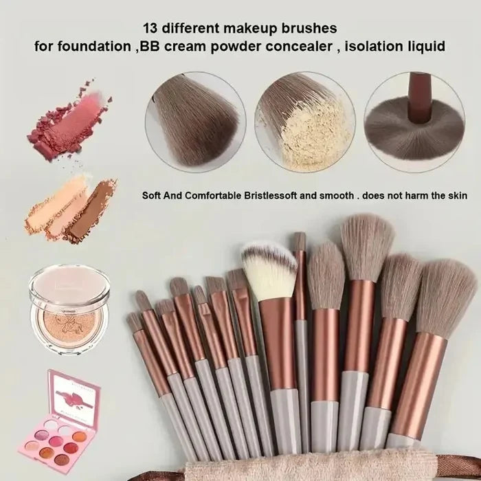 Set of makeup brushes with various uses and a carrying case on a light gray background. Soft fluffy makeup brush set with wool fiber bristles and plastic handles. Complete set for powder, foundation, eyeshadow, and beauty blending.
