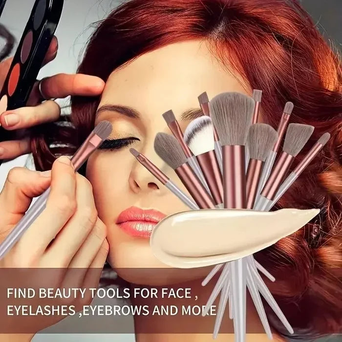Makeup brushes with a woman applying makeup, text promoting beauty tools. Soft fluffy makeup brush set with wool fiber bristles and plastic handles. Complete set for powder, foundation, eyeshadow, and beauty blending.
