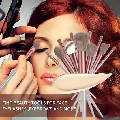 Makeup brushes with a woman applying makeup, text promoting beauty tools. Soft fluffy makeup brush set with wool fiber bristles and plastic handles. Complete set for powder, foundation, eyeshadow, and beauty blending.