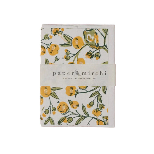 Yellow-gold floral-patterned greeting card with 'Paper Mirchi' branding on a white background