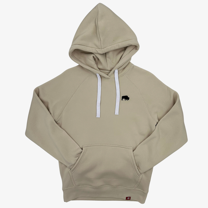 A beige pullover hoodie with white drawstrings and a small black buffalo logo on the left chest, displayed on a light gray background.