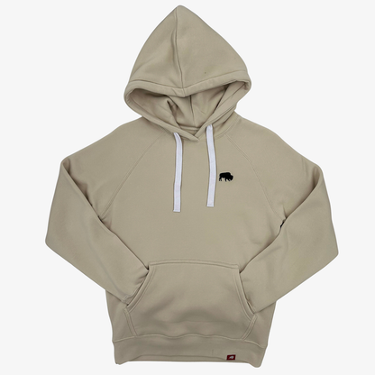 A beige pullover hoodie with white drawstrings and a small black buffalo logo on the left chest, displayed on a light gray background.