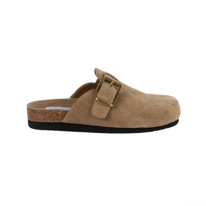 Steve Madden clog style birkenstock slide tan taupe brown suede.