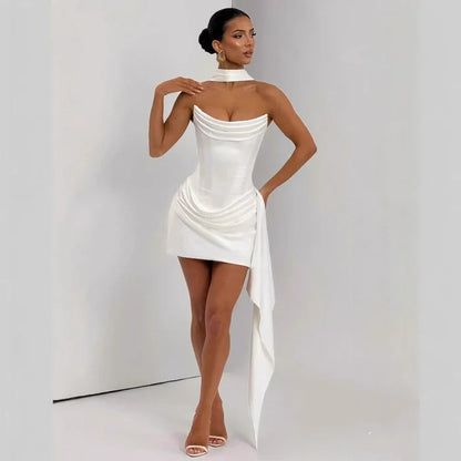 Strapless corset mini dress white satin draped uk-ftf