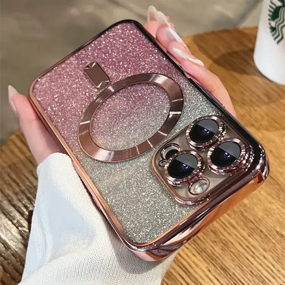 A close up of a person holding a phone with a ring on it