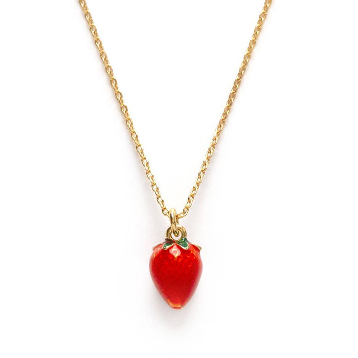 Necklace with a red strawberry pendant on a gold chain against a white background